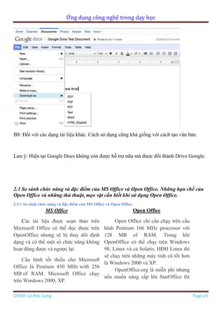 Ứng dụng công nghệ trong dạy học
GVHD: Lê Đức Long Page 15
B8: Đối với các dạng tài liệu khác. Cách sử dụng cũng khá giống với cách tạo văn bản.
Lưu ý: Hiện tại Google Docs không còn được hỗ trợ nữa mà được đổi thành Drive Google.
2.3 So sánh chức năng và đặc điểm của MS Office và Open Office. Những hạn chế của
Open Office và những thủ thuật, mẹo vặt cần biết khi sử dụng Open Office.
2.3.1 So sánh chức năng và đặc điểm của MS Office và Open Office
MS Office Open Office
Các tài liệu được soạn thảo trên
Microsoft Office có thể đọc được trên
OpenOffice nhưng sẽ bị thay đổi định
dạng và có thể một số chức năng không
hoạt động được và ngược lại.
Cấu hình tối thiểu cho Microsoft
Office là Pentium 450 MHz with 256
MB of RAM. Microsoft Office chạy
trên Windows 2000, XP.
Open Office chỉ cần chạy trên cấu
hình Pentium 166 MHz processor với
128 MB of RAM. Trong khi
OpenOffice có thể chạy trên Windows
98, Linux và cả Solaris. HĐH Linux thì
sẽ chạy trên những máy tính cũ tốt hơn
là Windows 2000 và XP.
OpenOffice.org là miễn phí nhưng
nếu muốn nâng cấp lên StarOffice thì
 