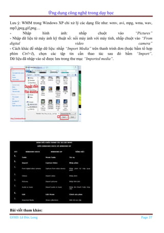 Ứng dụng công nghệ trong dạy học
GVHD: Lê Đức Long Page 37
Lưu ý: WMM trong Windows XP chỉ xử lý các dạng file như: wmv, avi, mpg, wma, wav,
mp3,jpeg,gif,png…
- Nhập hình ảnh: nhấp chuột vào “Pictures”
- Nhập dữ liệu từ máy ảnh kỹ thuật số: nối máy ảnh với máy tính, nhấp chuột vào “From
digital video camera”
- Cách khác để nhập dữ liệu: nhấp “Import Media” trên thanh trình đơn (hoặc bấm tổ hợp
phím Ctrl+I), chọn các tập tin cần thao tác sau đó bấm “Import”.
Dữ liệu đã nhập vào sẽ được lưu trong thư mục “Imported media”.
Bài viết tham khảo:
 