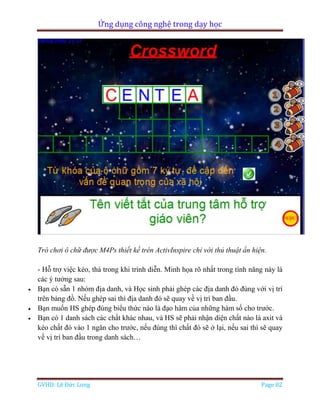 Ứng dụng công nghệ trong dạy học
GVHD: Lê Đức Long Page 82
Trò chơi ô chữ được M4Ps thiết kế trên ActivInspire chỉ với thủ thuật ẩn hiện.
- Hỗ trợ việc kéo, thả trong khi trình diễn. Minh họa rõ nhất trong tính năng này là
các ý tưởng sau:
 Bạn có sẵn 1 nhóm địa danh, và Học sinh phải ghép các địa danh đó đúng với vị trí
trên bảng đồ. Nếu ghép sai thì địa danh đó sẽ quay về vị trí ban đầu.
 Bạn muốn HS ghép đúng biểu thức nào là đạo hàm của những hàm số cho trước.
 Bạn có 1 danh sách các chất khác nhau, và HS sẽ phải nhận diện chất nào là axit và
kéo chất đó vào 1 ngăn cho trước, nếu đúng thì chất đó sẽ ở lại, nếu sai thì sẽ quay
về vị trí ban đầu trong danh sách…
 