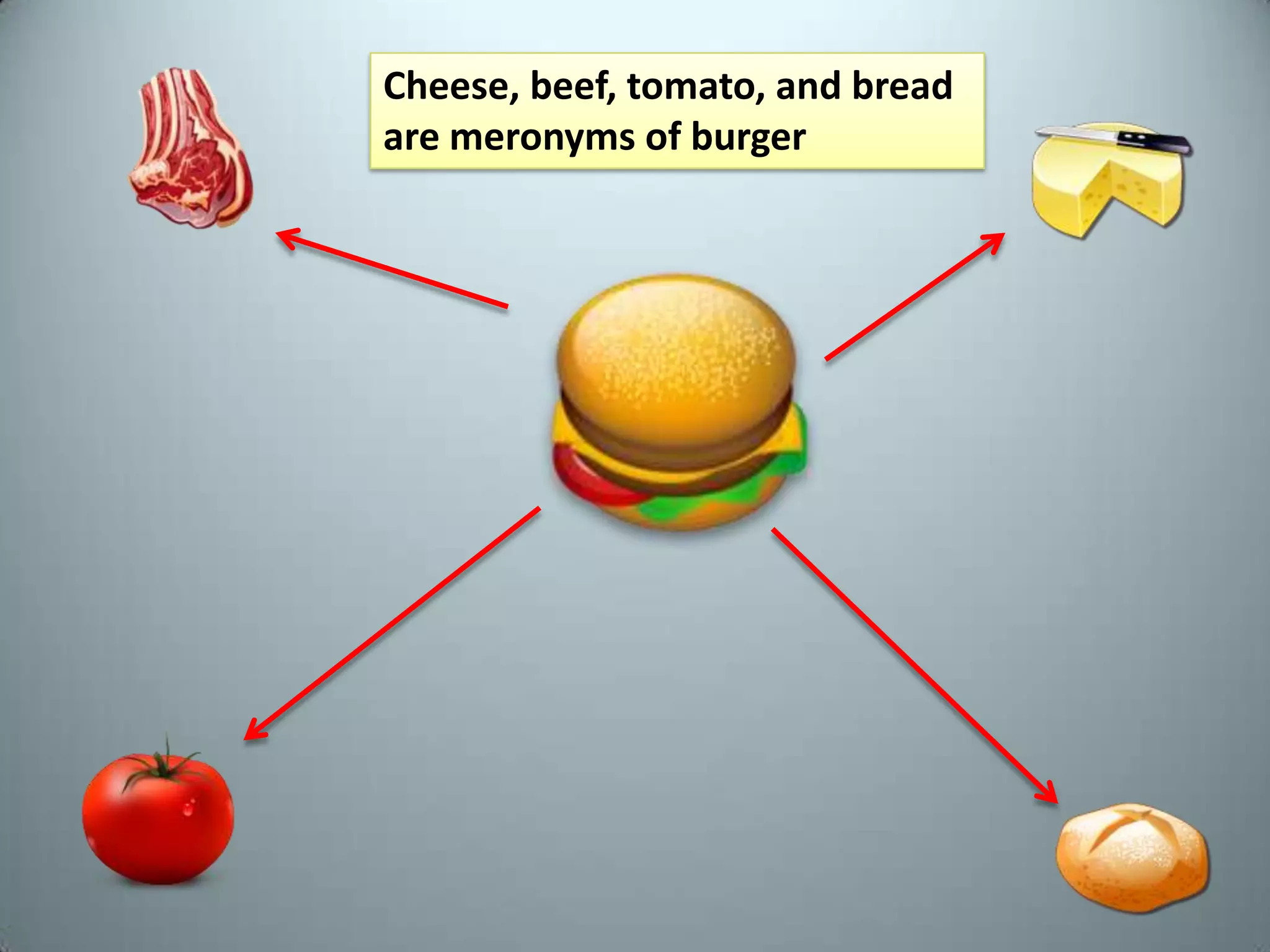 Meronyms and Holonyms are better described in relation to computer science terms as:Meronym terms: 	“has a” relationshipHolonym terms: 	“part of” relationshipHyponym terms: “Is a” relationshipMeronyms and holonyms are oppositesHyponyms and hypernyms are opposites