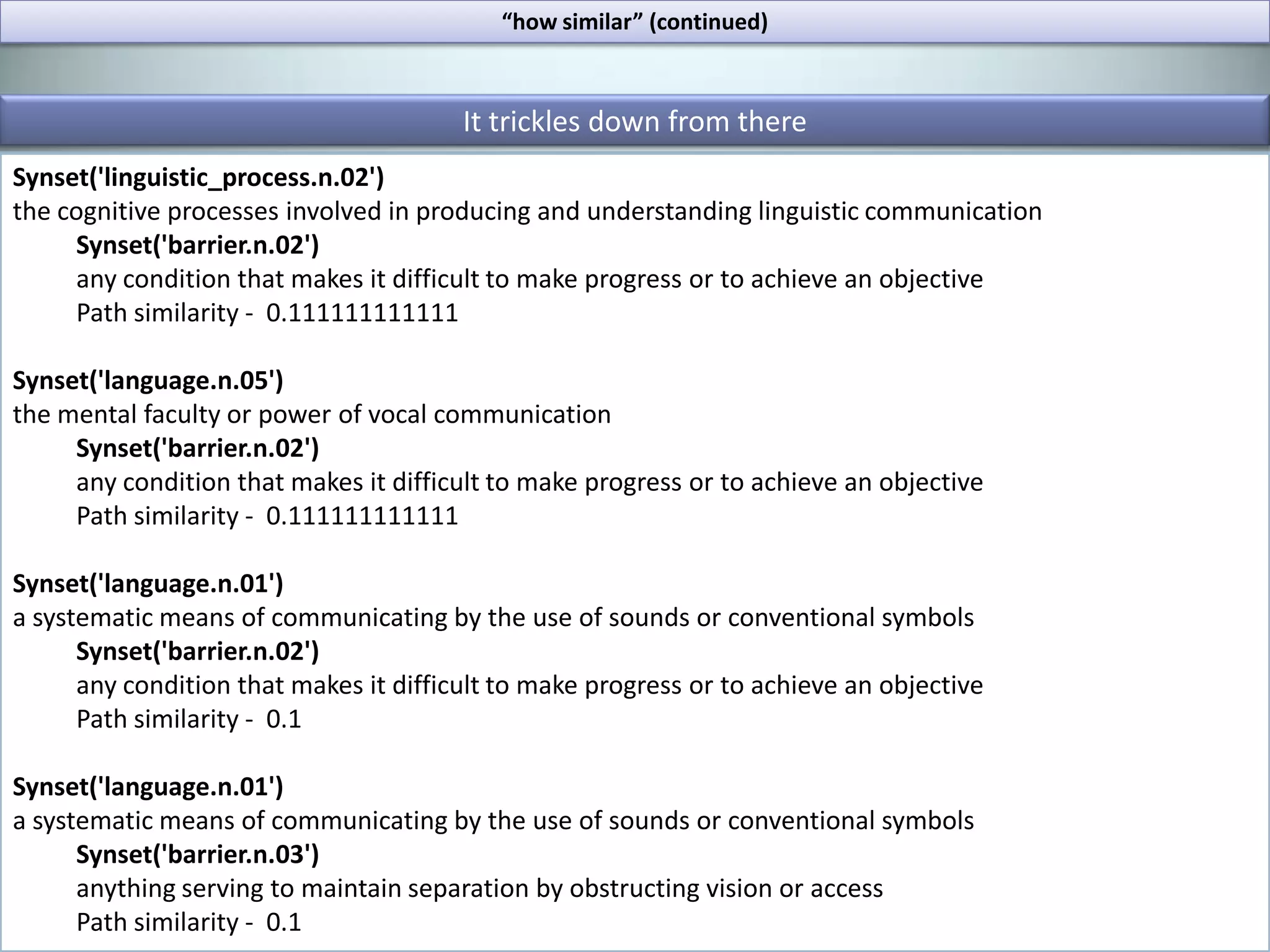“how similar” (continued)# grab synsets of each wordsynsetsA=wn.synsets(Aword)synsetsB=wn.synsets(Bword)groupA=[wn.synset(str(synset.name))forsynsetinsynsetsA]groupB=[wn.synset(str(synset.name))forsynsetinsynsetsB]