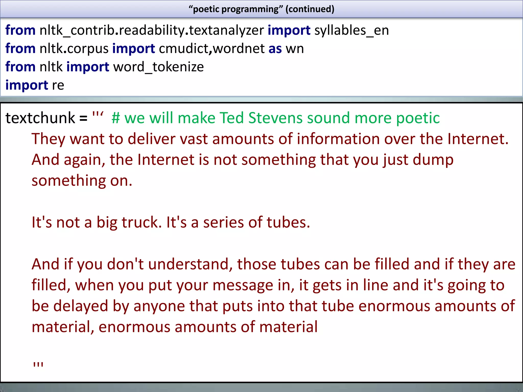 “how similar” (continued)similars=sorted( similars,key=\lambdaitem: item['path'] , reverse=True)foriteminsimilars:printitem['wordA'], "- “,  item['wordA_definition']printitem['wordB'],  "-",   item['wordB_definition']print'Path similarity - ',item['path'],"\n“