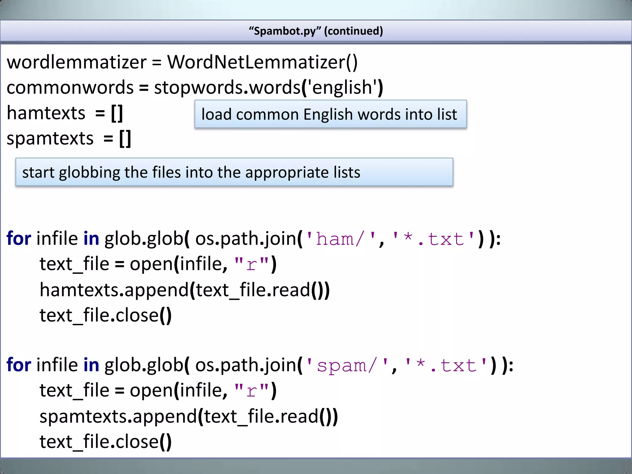 “poetic programming” (continued)Define a function to provide a fallback word in case we end up with lines that do not have the syllable count we need.deffindSyllableWord(word,syllableSize):synsets=wn.synsets(word)forsynsinsynsets:name=syns.namelemmas=syns.lemma_namesforwordstringinlemmas:if(syllables_en.count(wordstring)==syllableSizeandwordstring!=word):return{'word':word,'syllable':syllableSize}return{'word':word,'syllable':syllables_en.count(word)}Given a word , this function tries to find similar words from WordNet that match the required syllable size