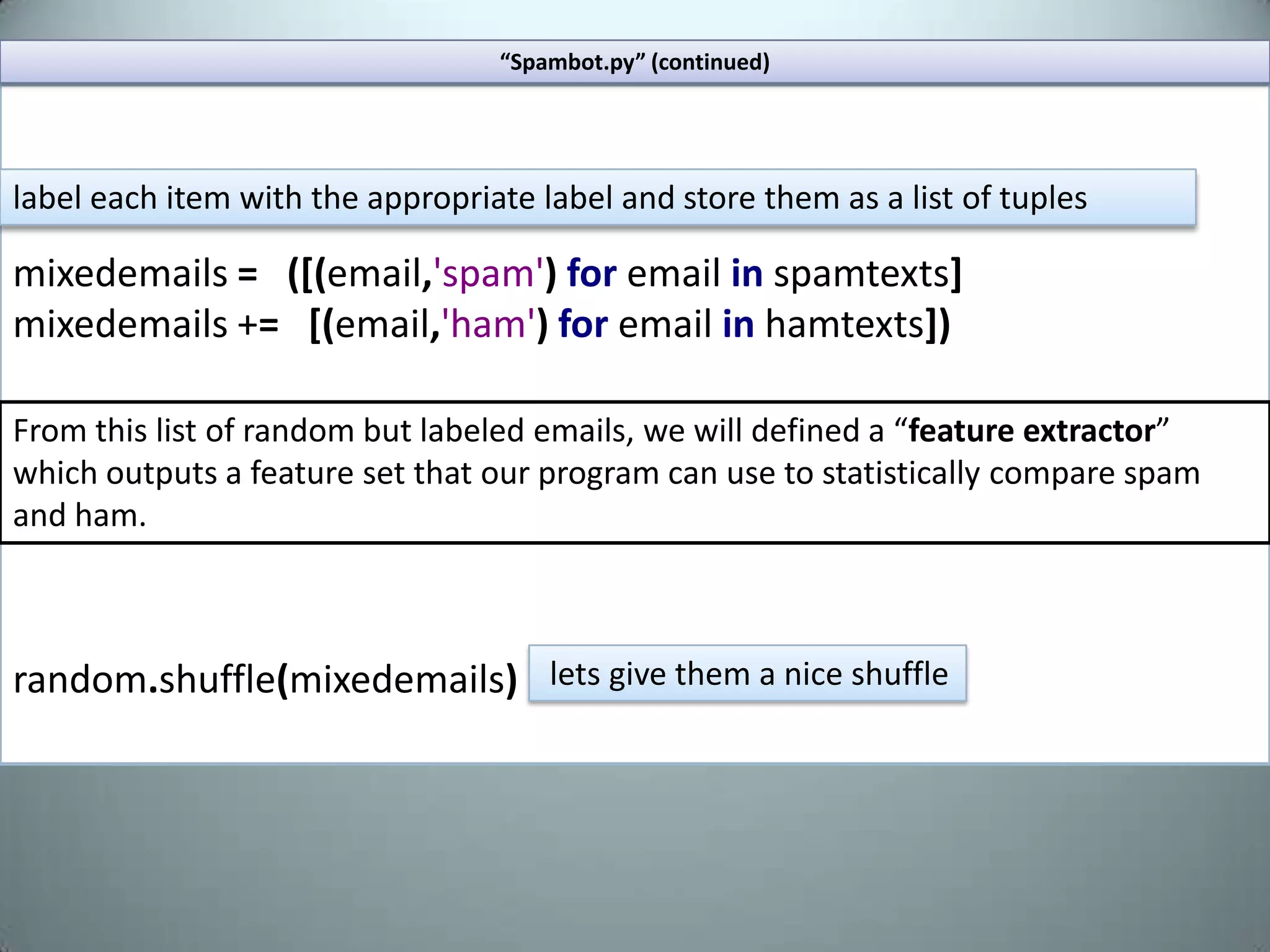 “poetic programming” (continued)We loop through the each word keeping tally of syllables and breaking each line when it reaches the appropriate thresholdlineNo=1charNo=0tally=0forsyllabicwordinwordmap:s=syllabicword[1]wordtoAdd=syllabicword[0]iflineNo==1:iftally<5:iftally+int(s)>5andwordtoAdd.isalpha():num=5-tallysimilarterm=findSyllableWord(wordtoAdd,num)wordtoAdd=similarterm['word']s=similarterm['syllable']tally+=int(s)poem+=wordtoAddelse:poem+=" ---"+str(tally)+"\n"ifwordtoAdd.isalpha():poem+=wordtoAddtally=slineNo=2iflineNo==2:…. Abridged