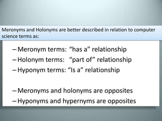 Find similar terms (word definitions) using Wordnetimportnltkfromnltk.corpusimportwordnetaswnsynsets=wn.synsets('phone')print[str(syns.definition)forsynsinsynsets] 'electronic equipment that converts sound into electrical signals that can be transmitted over distances and then converts received signals back into sounds‘'(phonetics) an individual sound unit of speech without concern as to whether or not it is a phoneme of some language‘'electro-acoustic transducer for converting electric signals into sounds; it is held over or inserted into the ear‘'get or try to get into communication (with someone) by telephone'