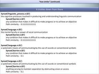 “how similar” (continued)# grab synsets of each wordsynsetsA=wn.synsets(Aword)synsetsB=wn.synsets(Bword)groupA=[wn.synset(str(synset.name))forsynsetinsynsetsA]groupB=[wn.synset(str(synset.name))forsynsetinsynsetsB]