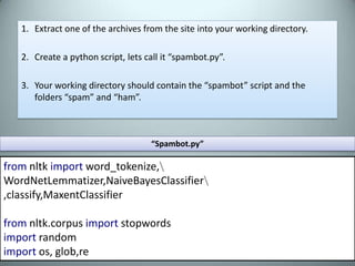 “poetic programming” (continued)poem=''wordmap=[]words=word_tokenize(textchunk)foriter,wordinenumerate(words):       # if it is a word, add a append a space to itifword.isalpha():word+=" "syls=syllables_en.count(word) wordmap.append((word,syls))Tokenize the wordsNLTK function to count syllables