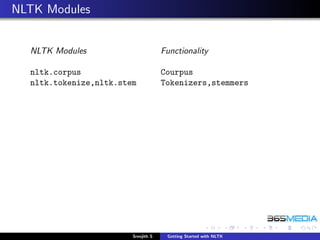 NLTK Modules


  NLTK Modules                       Functionality

  nltk.corpus                        Courpus
  nltk.tokenize,nltk.stem            Tokenizers,stemmers




                        Sreejith S    Getting Started with NLTK
 