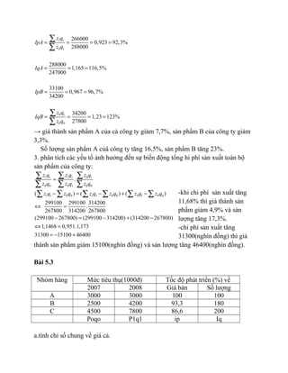 1 1
0 1
0 1
0 0
266000
0,923 92,3%
288000
288000
1,165 116,5%
247000
33100
0,967 96,7%
34200
34200
1,23 123%
27800
z q
IpA
z q
IqA
IpB
z q
IqB
z q
= = = =
= = =
= = =
= = = =
∑
∑
∑
∑
→ giá thành sản phẩm A của cả công ty giảm 7,7%, sản phẩm B của công ty giảm
3,3%.
Số lượng sản phẩm A củâ công ty tăng 16,5%, sản phẩm B tăng 23%.
3. phân tích các yếu tố ảnh hưởng đến sự biến động tổng hi phí sản xuất toàn bộ
sản phẩm của công ty:
-khi chi phí sản xuất tăng
11,68% thì giá thành sản
phẩm giảm 4,9% và sản
lượng tăng 17,3%.
-chi phí sản xuất tăng
31300(nghìn đồng) thì giá
thành sản phẩm giảm 15100(nghìn đồng) và sản lượng tăng 46400(nghìn đồng).
Bài 5.3
Nhóm hàng Mức tiêu thụ(1000đ) Tốc độ phát triển (%) về
2007 2008 Giá bán Số lượng
A 3000 3000 100 100
B 2500 4200 93,3 180
C 4500 7800 86,6 200
Poqo P1q1 ip Iq
a.tính chỉ số chung về giá cả.
1 1 1 1 0 1
0 0 0 1 0 0
1 1 0 0 1 1 0 0 0 1 0 0
.
( ) ( ) ( )
299100 299100 314200
.
267800 314200 267800
(299100 267800) (299100 314200) (314200 267800)
1,1468 0,951.1,173
31300 15100 46400
z q z q z q
z q z q z q
z q z q z q z q z q z q
=
− = − + −
⇔ =
− = − + −
⇔ =
= − +
∑ ∑ ∑
∑ ∑ ∑
∑ ∑ ∑ ∑ ∑ ∑
 