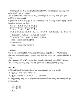- Do năng suất lao động của 2 nghành tăng 50,99%, làm năng suất lao động bình
quân tăng 25,8639(tỷ người).
-Do có sự thay đổi về kết cấu lao động làm năng suất lao động bình quân giảm
6,7779( tỷ đồng/ người)
b. phân tich sự biến động giá trị sản xuất theo 3 nhân tố : năng suất lao động, kết cấu
lao động, số lượng lao động.
( ) ( ) ( ) ( )
1 1 01 01 1 1 1
0 01 0 00 1 1 0
1 0 1 01 01 0 0 01 0 1 1 1 1 1 0
. . . .
. .
. . . .
. . . . . . . .
76,586.457 76,586.457 50,7221.457 57,5.457
. .
57,5.400 50,7221.457 57,5.457 57,5.400
11999,8 1181
W T W T W T W T
W T W T W T W T
W T W T W T W T W T W T W T W T
=
− = − + − + −
⇔ =
=
∑ ∑ ∑ ∑
∑ ∑ ∑ ∑
∑ ∑ ∑ ∑ ∑ ∑ ∑ ∑
9,8 3097,5 3277,5
1,52 1,5.0,882.1,14
11999,8 11819,8 3097,5 3277,5
− +
⇔ =
= − +
Nhận xét:
Gía trị sản xuất tăng 52% tương ứng 1lượng tăng tuyệt đối là 11999,8 tỷ đồng.
-Do năng suất lao động của 2 nghành tăng 50% làm giá trị sản xuất tăng 11819,8 tỷ
đồng.
-Do có sự thay đổi về kết cấu lao động làm giá trị sản xuât giảm 3097,5 tỷ đồng.
-Do số lượng lao động tăng 14% làm giá trị sản xuất tăng 3277,5 tỷ đồng.
Bài 5.10.
a. Tính giá thành bình quân đơn vị sản phẩm các quý của cả xí nghiệp.
0 0 0
1 1 1
11,05 12,03 13,02 11,7
10,23.0,25 11,25.0,25 13,11.0,5 11,92
Z Z d
Z Z d
= = + + =
= = + + =
∑
∑
b.Dùng phương pháp chỉ số để phân tích các nhân tố ảnh hưởng đến sự thay đổi giá
trị bình quân.
1 1 01
0 01 0
.
Z Z Z
Z Z Z
=
Với:
 