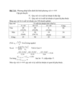 Bài 7.11: Phương pháp kiểm định khi bình phương với 0.05α =
Cặp giả thuyết:
0 :H Quy mô và tỉ suất lợi nhuận là độc lập
1 :H Quy mô và tỉ suất lợi nhuận có quan hệ phụ thuộc
Bảng quy mô là tỉ suất lợi nhuận của 140 doanh nghiệp:
Quy mô Tỉ suất lợi nhuận trên vốn(%)
5->10 10->15 15->20 Cộng
Vừa 20
(15,35)
60
(55,29)
6
(15,36)
86
Nhỏ 5
(9,64)
30
(34,71)
19 54
(9,64)
Cộng 25 90 25 140
(Với ix
0
iy
ij
n xn
n
n
= là số trong ngoặc)
Ta có
2
ij 0
1 1 0
( )k m
ij
k j ij
n n
k
n= =
−
= ∑∑ Với k=2;m=3
2 2 2
(20 15.36) (60 55.29) (19 9.64)
... 19.46
15.36 55.29 9.64
− − −
= + + + =
Tra bảng
2 2
( 1)( 1); 2;0.05
2
( 1)( 1);
5.991k m
k m
X X
k X
α
α
− −
− −
= =
> ⇒
bác bỏ 0H chấp nhận 1H
Như vậy với 0.05α = quy mô và tỷ suất lợi nhuận có quan hệ phụ thuộc.
 