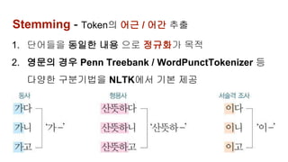 Stemming - Token의 어근 / 어간 추출
1. 단어들을 동일한 내용 으로 정규화가 목적
2. 영문의 경우 Penn Treebank / WordPunctTokenizer 등
다양한 구분기법을 NLTK에서 기본 제공
3.
 