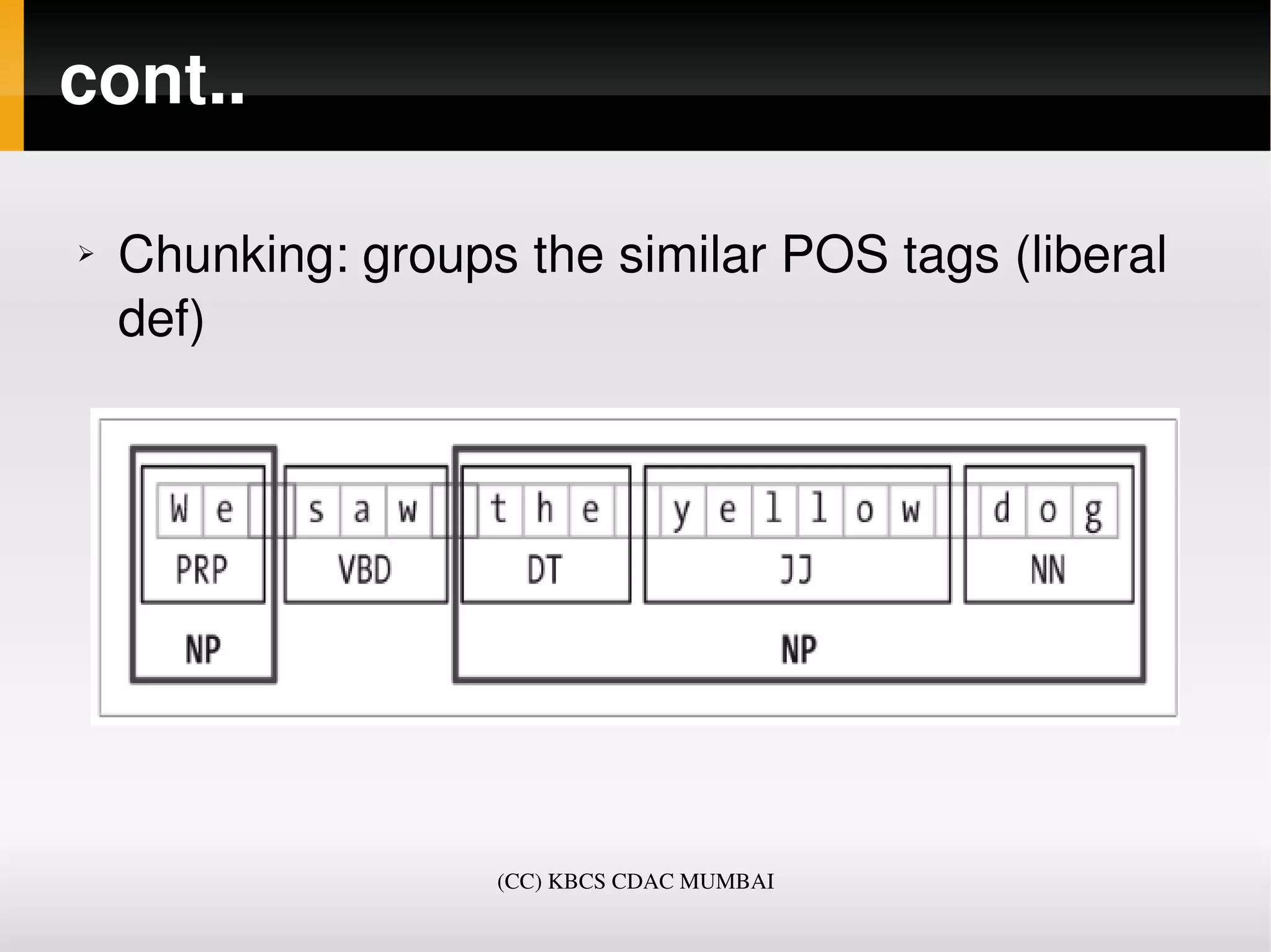 cont..

➢   Chunking: groups the similar POS tags (liberal 
    def)




                    (CC) KBCS CDAC MUMBAI
 
