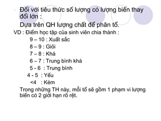 - Đối với tiêu thức số lượng có lượng biến thay
đổi lớn :
Dựa trên QH lượng chất để phân tổ.

VD : Điểm học tập của sinh viên chia thành :
9 – 10 : Xuất sắc
8 – 9 : Giỏi
7 – 8 : Khá
6 – 7 : Trung bình khá
5 - 6 : Trung bình
4 - 5 : Yếu
<4 : Kém
Trong những TH này, mỗi tổ sẽ gồm 1 phạm vi lượng
biến có 2 giới hạn rõ rệt.

 