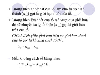 + Lượng biến nhỏ nhất của tổ làm cho tổ đó hình
thành (xi min) gọi là giới hạn dưới của tổ.
+ Lượng biến lớn nhất của tổ mà vượt qua giới hạn
đó sẽ chuyển sang tổ khác (xi max) gọi là giới hạn
trên của tổ.
Chênh lệch giữa giới hạn trên và giới hạn dưới
của tổ gọi là khoảng cách tổ (hi).
hi = xi max – xi min
- Nếu khoảng cách tổ bằng nhau
h = (X max – X min) : n

 
