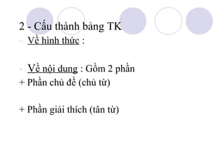 2 - Cấu thành bảng TK
- Về hình thức :

- Về nội dung : Gồm 2 phần
+ Phần chủ đề (chủ từ)
+ Phần giải thích (tân từ)

 
