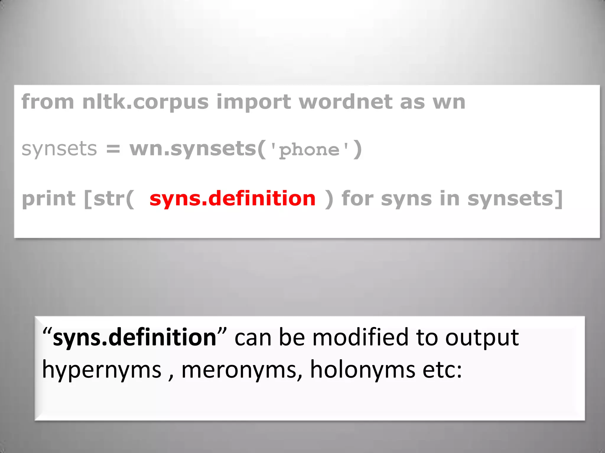 NLTK Textnltk.clean_html(rawhtml)from nltk.corpus import brownfrom nltk import Textbrown_words = brown.words(categories='humor')brownText = Text(brown_words)brownText.collocations()brownText.count("car")brownText.concordance("oil")brownText.dispersion_plot(['car', 'document', 'funny', 'oil'])brownText.similar('humor')