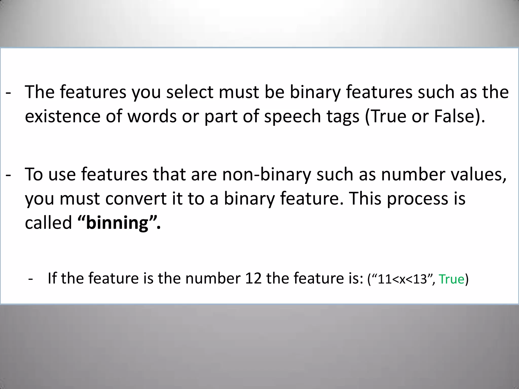 “Spambot.py” (continued)mixedemails=([(email,'spam')foremailinspamtexts]mixedemails+=   [(email,'ham')foremailinhamtexts])random.shuffle(mixedemails)label each item with the appropriate label and store them as a list of tuplesFrom this list of random but labeled emails, we will defined a “feature extractor” which outputs a feature set that our program can use to statistically compare spam and ham. lets give them a nice shuffle