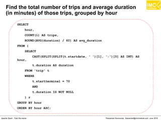 Thanachart Numnonda, thanachart@imcinstitute.com June 2016Apache Spark : Train the trainer
Find the total number of trips and average duration
(in minutes) of those trips, grouped by hour
SELECT
hour,
COUNT(1) AS trips,
ROUND(AVG(duration) / 60) AS avg_duration
FROM (
SELECT
CAST(SPLIT(SPLIT(t.startdate, ' ')[1], ':')[0] AS INT) AS
hour,
t.duration AS duration
FROM 'trip' t
WHERE
t.startterminal = 70
AND
t.duration IS NOT NULL
) r
GROUP BY hour
ORDER BY hour ASC;
 