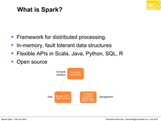 Thanachart Numnonda, thanachart@imcinstitute.com June 2016Apache Spark : Train the trainer
What is Spark?
Framework for distributed processing.
In-memory, fault tolerant data structures
Flexible APIs in Scala, Java, Python, SQL, R
Open source
 