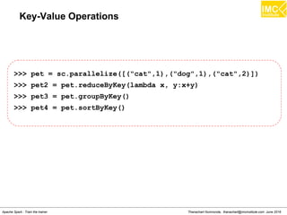 Thanachart Numnonda, thanachart@imcinstitute.com June 2016Apache Spark : Train the trainer
Key-Value Operations
>>> pet = sc.parallelize([("cat",1),("dog",1),("cat",2)])
>>> pet2 = pet.reduceByKey(lambda x, y:x+y)
>>> pet3 = pet.groupByKey()
>>> pet4 = pet.sortByKey()
 