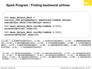 Thanachart Numnonda, thanachart@imcinstitute.com June 2016Apache Spark : Train the trainer
Spark Program : Finding best/worst airlines
>>> mean_delays_dest =
carrier_rdd.groupByKey().mapValues(lambda delays:
sum(delays.data)/len(delays.data))
>>> mean_delays_dest.sortBy(lambda t:t[1],
ascending=True).take(10)
>>> mean_delays_dest.sortBy(lambda t:t[1],
ascending=False).take(10)
 
