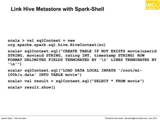 Thanachart Numnonda, thanachart@imcinstitute.com June 2016Apache Spark : Train the trainer
Link Hive Metastore with Spark-Shell
scala > val sqlContext = new
org.apache.spark.sql.hive.HiveContext(sc)
scala> sqlContext.sql("CREATE TABLE IF NOT EXISTS movie(userid
STRING, movieid STRING, rating INT, timestamp STRING) ROW
FORMAT DELIMITED FIELDS TERMINATED BY 't' LINES TERMINATED BY
'n'")
scala> sqlContext.sql("LOAD DATA LOCAL INPATH '/root/ml-
100k/u.data' INTO TABLE movie")
scala> val result = sqlContext.sql("SELECT * FROM movie")
scala> result.show()
 