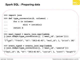 Thanachart Numnonda, thanachart@imcinstitute.com June 2016Apache Spark : Train the trainer
Spark SQL : Preparing data
>>> import json
>>> def type_conversion(d, columns) :
... for c in columns:
... d[c] = int(d[c])
... return d
...
>>> meal_typed = meals_json.map(lambda
j:json.dumps(type_conversion(j, ['meal_id','price'])))
>>> event_typed = events_json.map(lambda
j:json.dumps(type_conversion(j, ['meal_id','userid']))
 
