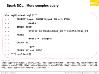 Thanachart Numnonda, thanachart@imcinstitute.com June 2016Apache Spark : Train the trainer
Spark SQL : More complex query
>>> sqlContext.sql("""
... SELECT type, COUNT(type) AS cnt FROM
... meals
... INNER JOIN
... events on meals.meal_id = events.meal_id
... WHERE
... event = 'bought'
... GROUP BY
... type
... ORDER BY cnt DESC
... """).collect()
 