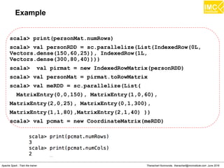 Thanachart Numnonda, thanachart@imcinstitute.com June 2016Apache Spark : Train the trainer
Running Kafka Consumer
# bin/kafka-console-consumer.sh --topic test --zookeeper
localhost:2181 --from-beginning
 