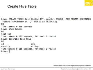 Thanachart Numnonda, thanachart@imcinstitute.com June 2016Apache Spark : Train the trainer
See also: https://cwiki.apache.org/Hive/languagemanual-ddl.html
Create Hive Table
 