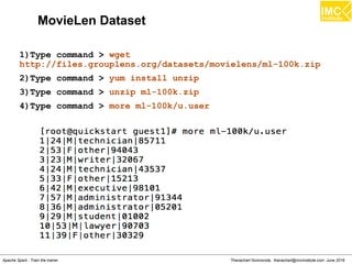Thanachart Numnonda, thanachart@imcinstitute.com June 2016Apache Spark : Train the trainer
MovieLen Dataset
1)Type command > wget
http://files.grouplens.org/datasets/movielens/ml-100k.zip
2)Type command > yum install unzip
3)Type command > unzip ml-100k.zip
4)Type command > more ml-100k/u.user
 