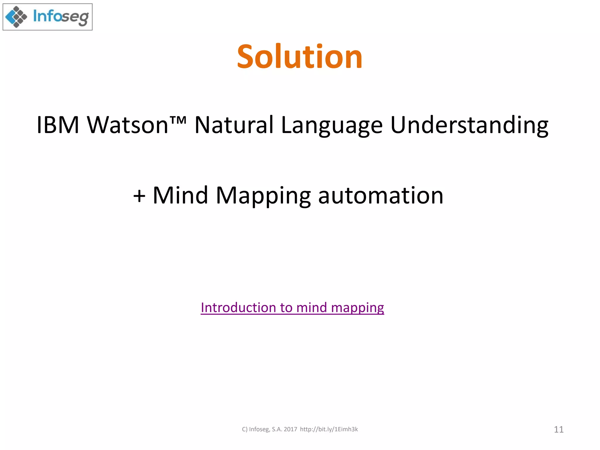 Solution
IBM Watson™ Natural Language Understanding
+ Mind Mapping automation
C) Infoseg, S.A. 2017 http://bit.ly/1Eimh3k 11
Introduction to mind mapping
 