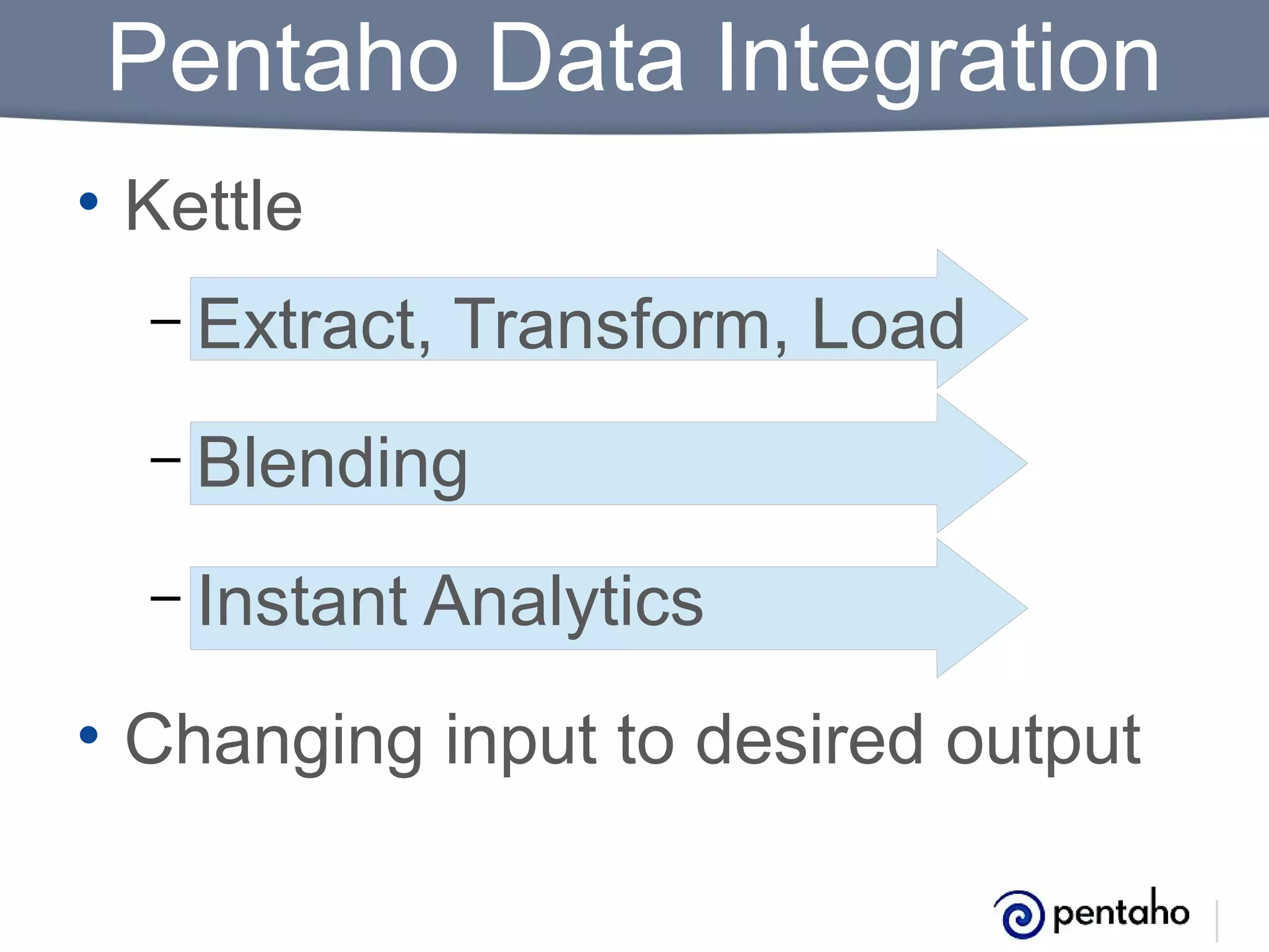 Pentaho Data Integration
• Kettle
– Extract,

Transform, Load

– Blending
– Instant Analytics

• Changing input to desired output

 