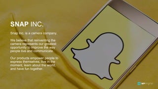 10 CONFIDENTIAL
SNAP INC.
Snap Inc. is a camera company.
We believe that reinventing the
camera represents our greatest
opportunity to improve the way
people live and communicate.
Our products empower people to
express themselves, live in the
moment, learn about the world,
and have fun together.