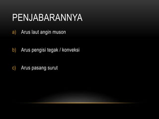 PENJABARANNYA
a) Arus laut angin muson
b) Arus pengisi tegak / konveksi
c) Arus pasang surut
 
