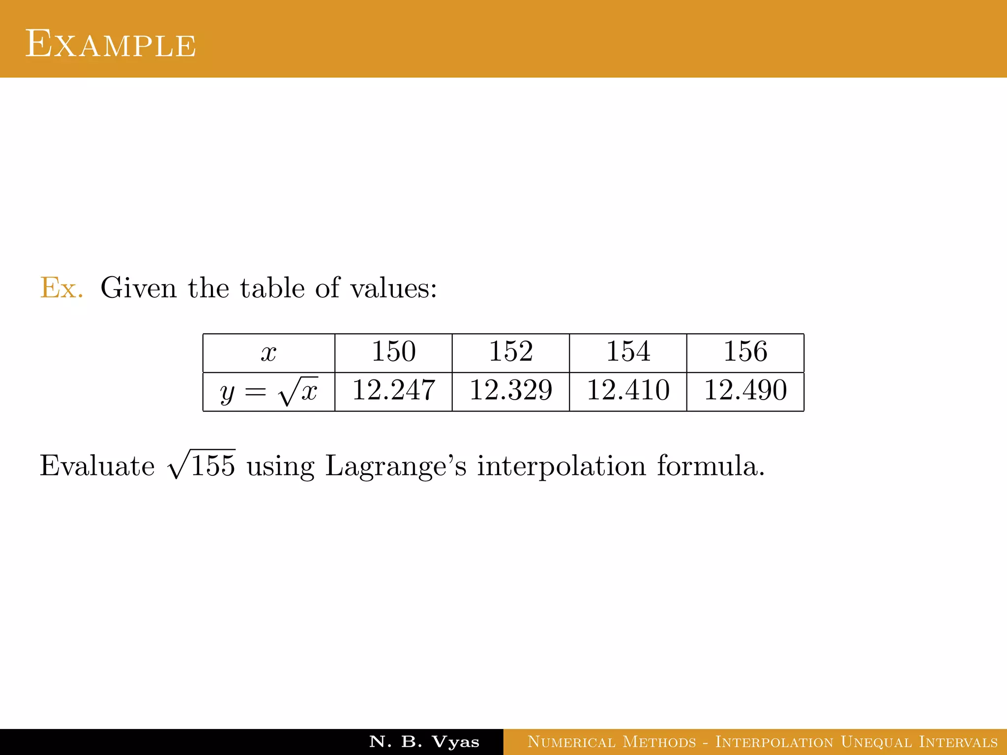 Example
Ex. Given the table of values:
x 150 152 154 156
y =
√
x 12.247 12.329 12.410 12.490
Evaluate
√
155 using Lagrange’s interpolation formula.
Dr. N. B. Vyas Numerical Methods - Interpolation Unequal Intervals
 
