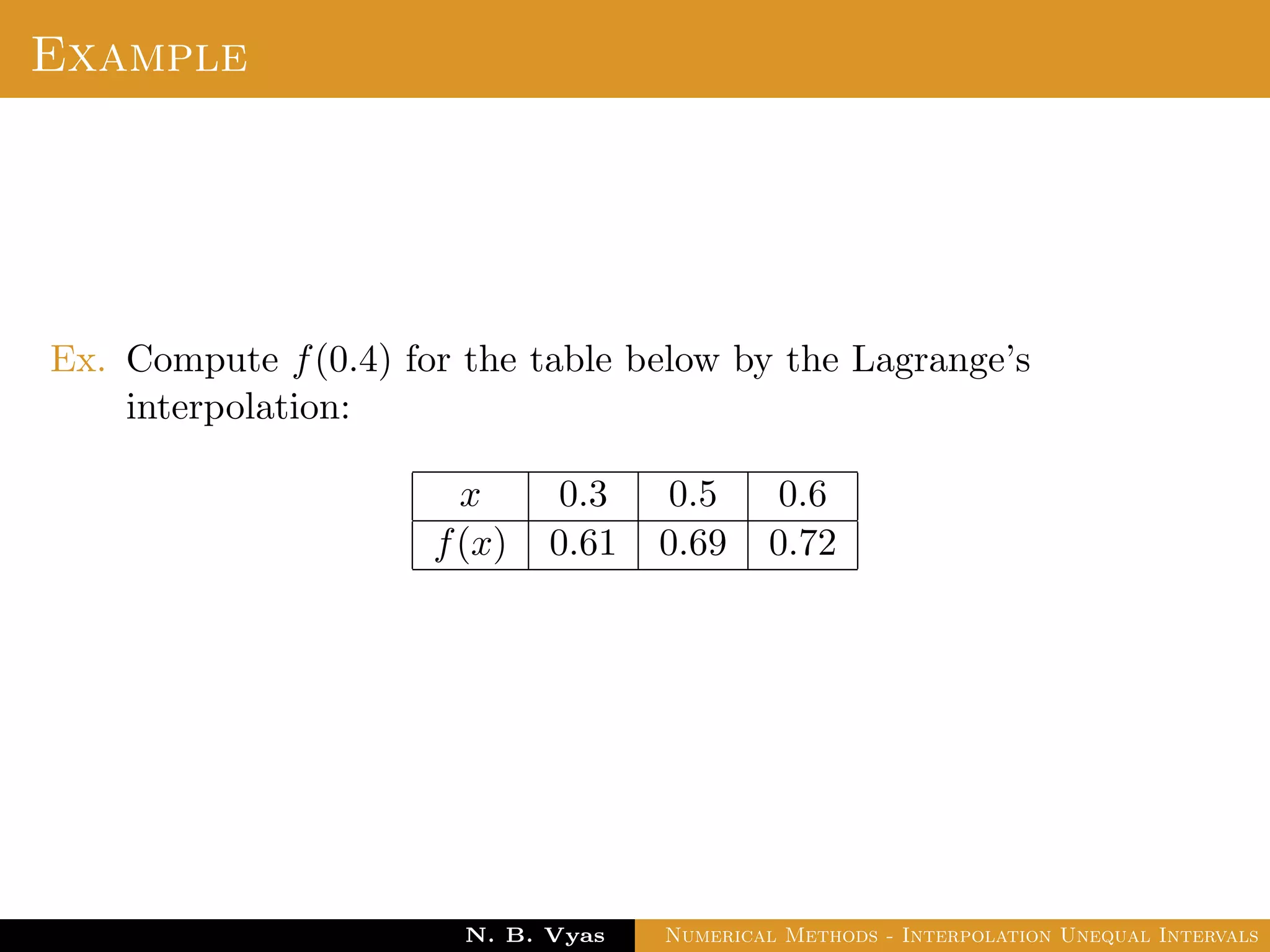 Example
Ex. Compute f(0.4) for the table below by the Lagrange’s
interpolation:
x 0.3 0.5 0.6
f(x) 0.61 0.69 0.72
Dr. N. B. Vyas Numerical Methods - Interpolation Unequal Intervals
 