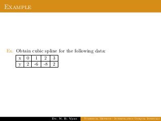 Example
Ex. Obtain cubic spline for the following data:
x 0 1 2 3
y 2 -6 -8 2
Dr. N. B. Vyas Numerical Methods - Interpolation Unequal Intervals
 