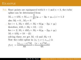 Example
Sol. Since points are equispaced with h = 1 and n = 3, the cubic
spline can be determined from
Mi−1 + 4Mi + Mi+1 =
6
h2
(yi−1 − 2yi + yi+1), i = 1, 2
also M0 = 0 , M3 = 0
∴ for i = 1, M0 + 4M1 + M2 = 6(y0 − 2y1 + y2)
therefore, 4M1 + M2 = 12; —(1)
for i = 2, M1 + 4M2 + M3 = 6(y1 − 2y2 + y3)
M1 + 4M2 = 18 —(2)
solving these, we get M1 =2 and M2 =4
Now the cubic spline in (xi ≤ x ≤ xi+1) is
f(x) =
(xi+1 − x)3Mi
6h
+
(x − xi)3Mi+1
6h
Dr. N. B. Vyas Numerical Methods - Interpolation Unequal Intervals
 