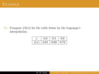 Example
Ex. Compute f(0.4) for the table below by the Lagrange’s
interpolation:
x 0.3 0.5 0.6
f(x) 0.61 0.69 0.72
Dr. N. B. Vyas Numerical Methods - Interpolation Unequal Intervals
 