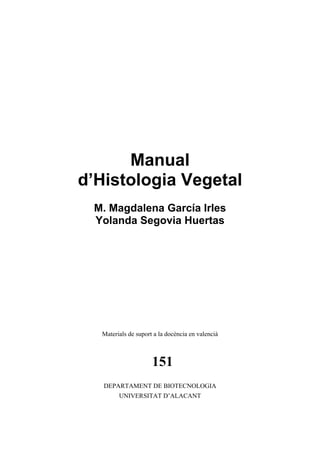 Manual
d’Histologia Vegetal
M. Magdalena García Irles
Yolanda Segovia Huertas
Materials de suport a la docència en valencià
DEPARTAMENT DE BIOTECNOLOGIA
UNIVERSITAT D’ALACANT
151
 