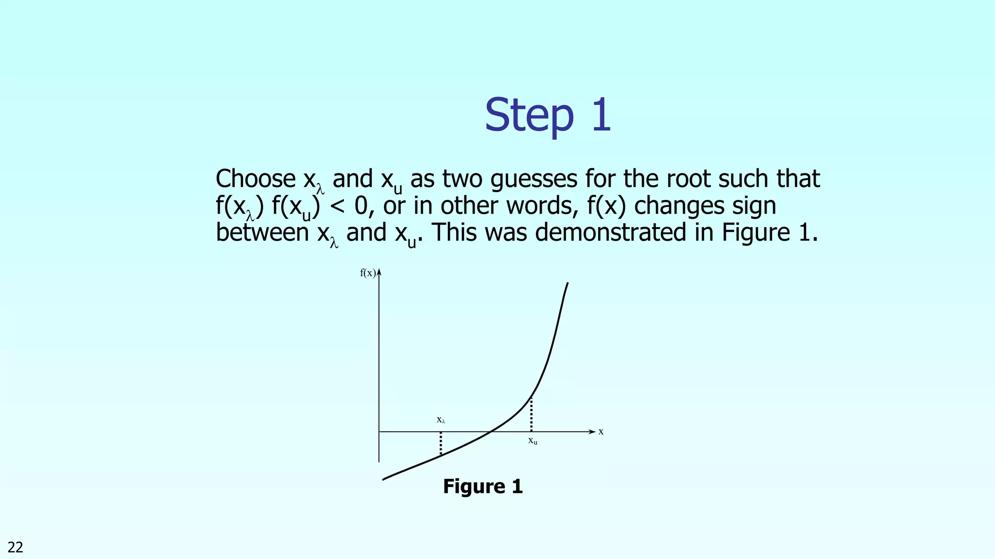 22
Step 1
Choose x and xu as two guesses for the root such that
f(x) f(xu) < 0, or in other words, f(x) changes sign
between x and xu. This was demonstrated in Figure 1.
x
f(x)
xu
x
Figure 1
 