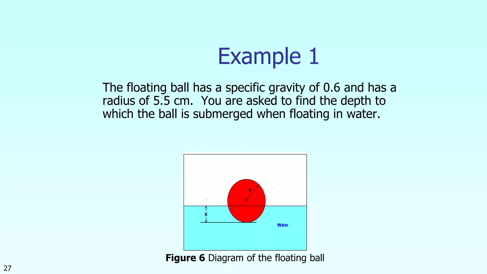 27
Example 1
The floating ball has a specific gravity of 0.6 and has a
radius of 5.5 cm. You are asked to find the depth to
which the ball is submerged when floating in water.
Figure 6 Diagram of the floating ball
 