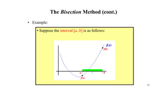 The Bisection Method (cont.)
• Example:
• Suppose the interval [a..b] is as follows:
15
 