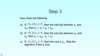 24
Step 3
Now check the following
a) If , then the root lies between x and
xm; then x = x ; xu = xm.
b) If , then the root lies between xm and
xu; then x = xm; xu = xu.
c) If ; then the root is xm. Stop the
algorithm if this is true.
    0ml xfxf
    0ml xfxf
    0ml xfxf
 