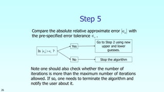 26
Step 5
Is ?
Yes
No
Go to Step 2 using new
upper and lower
guesses.
Stop the algorithm
Compare the absolute relative approximate error with
the pre-specified error tolerance .
a
s
sa 
Note one should also check whether the number of
iterations is more than the maximum number of iterations
allowed. If so, one needs to terminate the algorithm and
notify the user about it.
 