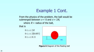 29
Example 1 Cont.
From the physics of the problem, the ball would be
submerged between x = 0 and x = 2R,
where R = radius of the ball,
that is
 
11.00
055.020
20



x
x
Rx
Figure 6 Diagram of the floating ball
 