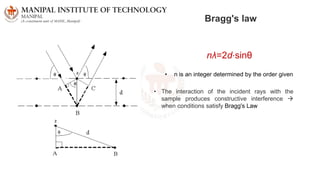 Bragg's law
nλ=2d⋅sinθ
• n is an integer determined by the order given
• The interaction of the incident rays with the
sample produces constructive interference 
when conditions satisfy Bragg's Law
 