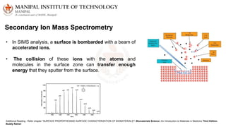 • In SIMS analysis, a surface is bombarded with a beam of
accelerated ions.
• The collision of these ions with the atoms and
molecules in the surface zone can transfer enough
energy that they sputter from the surface.
Secondary Ion Mass Spectrometry
Additional Reading : Refer chapter “SURFACE PROPERTIESAND SURFACE CHARACTERIZATION OF BIOMATERIALS”- Biomaterials Science :An Introduction to Materials in Medicine Third Edition.
Buddy Ratner
 